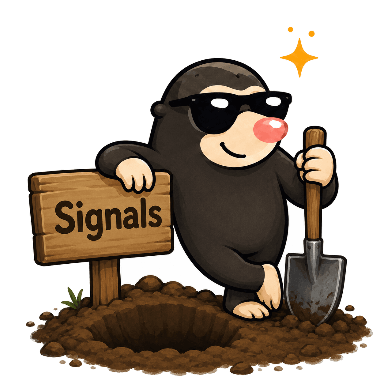 Digmoro mascot standing beside a Signals sign with a shovel